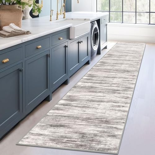 KOZYFLY Modern Abstract Washable Rug Runner 2.6x12 Hallway Rug Runner Non-Slip Soft Kitchen Runner Rugs, Grey/Light Beige/Brown Striped Carpet for Entryway Bathroom - color: Grey/Light Beige/Brown, size: 2'8" x 12' (Runner)