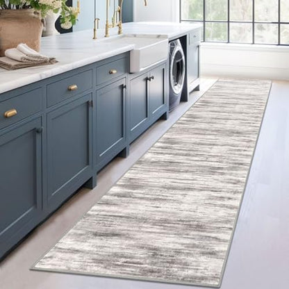 KOZYFLY Modern Abstract Washable Rug Runner 2.6x12 Hallway Rug Runner Non-Slip Soft Kitchen Runner Rugs, Grey/Light Beige/Brown Striped Carpet for Entryway Bathroom - color: Grey/Light Beige/Brown, size: 2'8" x 12' (Runner)
