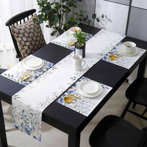Table Runner and Placemats Set of 6 Blue Flowers Eucalyptus Leaves Decorative Dining Table Runner with Matching Placemats Branch Plant Table Decor for Kitchen Dining Room and Everyday Use 13x90in - size: 13"x90"+6pcs
