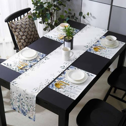 Table Runner and Placemats Set of 6 Blue Flowers Eucalyptus Leaves Decorative Dining Table Runner with Matching Placemats Branch Plant Table Decor for Kitchen Dining Room and Everyday Use 13x90in - size: 13"x90"+6pcs
