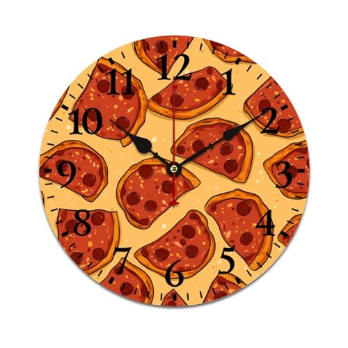 Wall Clocks Pepperoni Cheese Pizza Round Rustic Wood Wall Clock Silent Non-Ticking Quartz Battery Operated Italian Food Wall Clock 12 Inch Home Office School Wooden Wall Clock Art Hanging Clocks - color: Pattern-2, size: 12 Inch