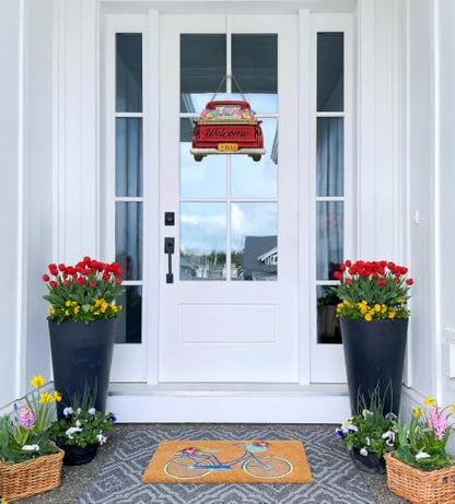 Interchangeable Welcome Sign for Front Door Red Farmhouse Truck Decor Hanging Sign with 11 Interchangeable Seasonal and Holiday Decor Signs 12x14 in. (Country Rustic) - style: Country Rustic