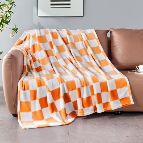 Edenleaf Orange Checkered Fleece Throw Blanket for Bed Cozy Warm Home Decor | Ultra Soft Blanket for Couch Sofa, Fluffy Lightweight Throw for Travel, Holiday Gifts for Women Men, All Seasons, 60"x80" - color: 02 Orange (Big Checkered), size: Blanket-60"x8