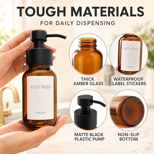 2 Pcs Amber Glass Foaming Soap Dispenser with Pump, 8.5 oz Bottles | Refillable Soap Dispensers for Hand Wash, Dish Liquid, Shampoo, Gel - Rich Foam with Every Press, for Bathrooms and Kitchens