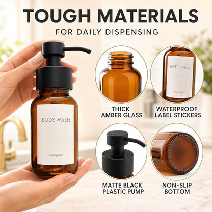 2 Pcs Amber Glass Foaming Soap Dispenser with Pump, 8.5 oz Bottles | Refillable Soap Dispensers for Hand Wash, Dish Liquid, Shampoo, Gel - Rich Foam with Every Press, for Bathrooms and Kitchens