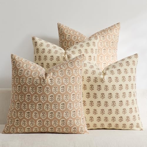 Set of 4 18x18 Floral Pillow Covers, Farmhouse Neutral Print Decorative Throw Pillow Covers for Couch and Living Room Bedroom Home Decor, Vintage Accent Square Pillow Cases, Warm Tan - color: Warm Tan