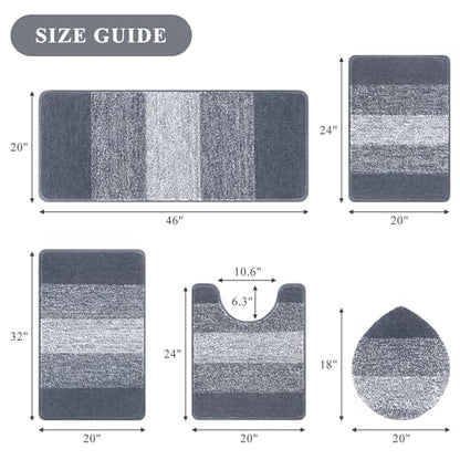 Bsmathom Bathroom Rug Set 5 Piece, Plush Microfiber Bath Mat, Dark Grey | Extra Water Absorbent, Non Slip Washable Runner Bath Rugs with Toilet Lid Cover and U-shaped Contour Toilet Mat - color: Dark Grey, size: 18"x26"+20"x31"+20"x48"+U20"x24"+Cover19"x2