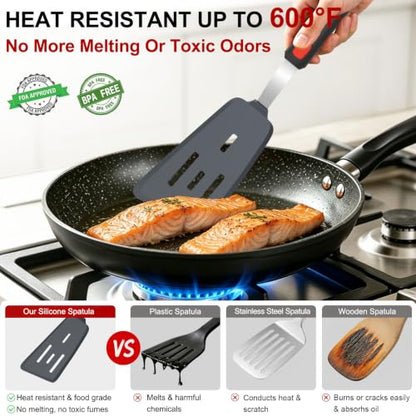 Beijiyi 4-Piece Silicone Spatula Turner and Tongs Set, 600°F Heat Resistant | BPA Free, Nonstick Cookware & Ceramic Pan Safe, Flexible for Cooking, Flipping, Non-Toxic Kitchen Utensils, Dishwasher Safe