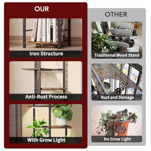 Plant Stand Indoor with Grow Light, 5-Tiered Tall Plant Stand Indoor, Metal Plant Shelf with Bookshelf Bookcase and Adjustable Light, Ideal for Living Room, Reading room, Garden, Patio (Brown)