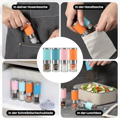 VEVOK CHEF Small Salt and Pepper Grinder 4Pcs Portable Mini Glass Salt Spices Grinder Ceramic Salt Black Pepper Shakers Tiny Pepper Mill Salt Grinder for Travel Lunch Box Kitchen Gift - color: colorful
