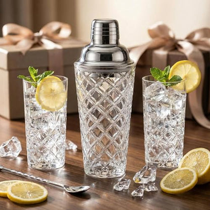 15oz Diamond-Cut Crystal Cocktail Shaker Clear Glass with Polished Stainless Steel Lid - Premium Bar Tool for Home Bartenders - Ideal for Cocktails, Mocktails, and More - color: Geometric Cocktail Tool