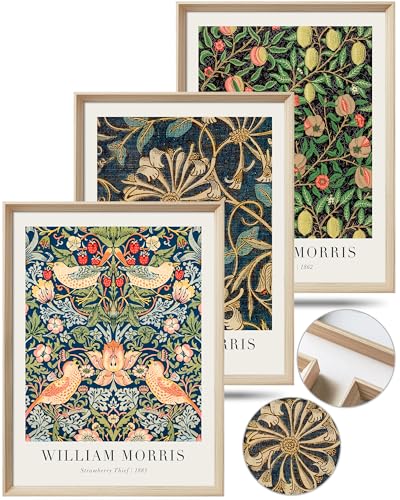UPWOIGH William Morris Inspired Framed Prints, 12 x 16 Inch, Set of 3 | Strawberry Thief, Honeysuckle and Fruit Prints, Rich Blue and Gold Tones, Light Wood Frames for Bedroom and Gallery Wall - color: Morris Gold MDF