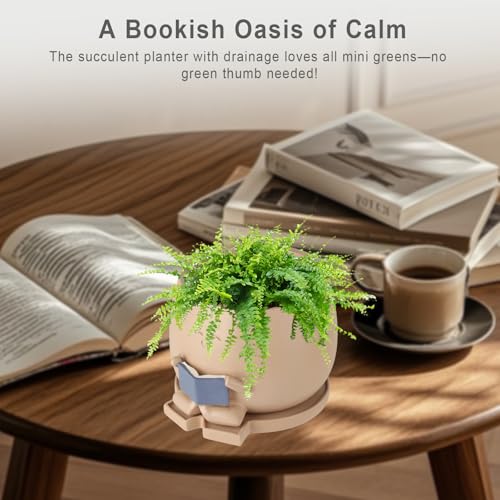 Bookworm Planter Pot with Drainage Cute Plant Pots for Succulents & Small Plants | Teacher Gifts Housewarming|Book Lover Gift, Indoor Planters | Christmas Teacher Gift Mother Dad Appreciation