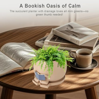 Bookworm Planter Pot with Drainage Cute Plant Pots for Succulents & Small Plants | Teacher Gifts Housewarming|Book Lover Gift, Indoor Planters | Christmas Teacher Gift Mother Dad Appreciation