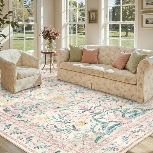 Lahome Sylvie Area Rugs 8x10 for Living Room, Boho Machine Washable Pink Cottage Decor for Girls Bedroom, Ultra-Thin Soft Cute Non Slip Floral Carpets for Dorm Reading Room Classroom, Pink/Multi - color: Blush Pink, size: 8' x 10' (Rectangular)