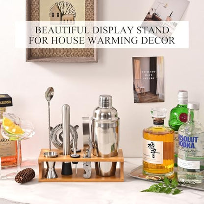 Bartender Kit Cocktail Shaker Set with Stand Bar Tool Bar Set for Drink Mixing Home Bartending Kit 11-Piece Bar Cart Accessories: Martini Shaker, Mixer Spoon, Jigger, Muddler, Strainer & Recipes Gifts - color: Burlywood Silver - 11pcs