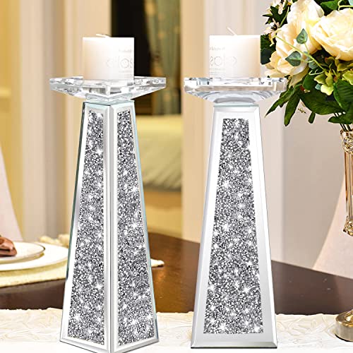 Wocred 2 Piece Candlestick Holders for Holding Pillar Candles, Crystal Crushed Diamond Candle Holders Set Decor for Dinning Room, Silver Glass Votive Candle Holders for Table Centerpiece(12”) - size: 12 Inch Diamond Silver