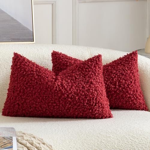 Yaertun Pack of 2 Faux Fur Throw Pillow Covers Decorative Sherpa Boucle Pillow Covers Fuzzy Soft Pillowcases Sheepskin Fleece Cushion Case for Couch Sofa Bed Living Room 12x20 Inch Burgundy - color: Burgundy, size: 20" x 12" (Pack of 2)