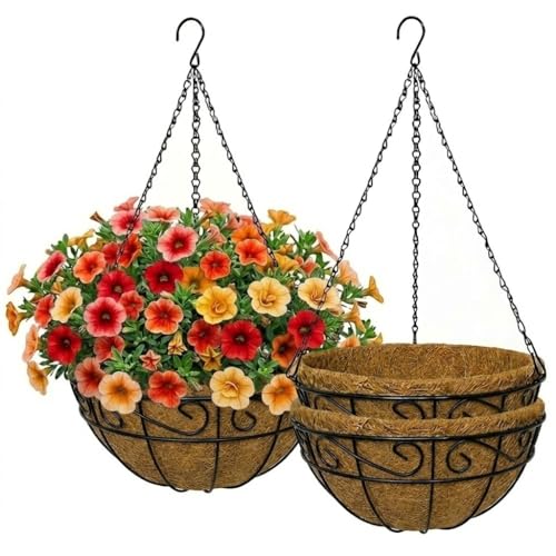 12 Inch Hanging Baskets for Plants Outdoor, 3 Pack Metal Wire Hanging Planters with Coco Coir Liners, Rust-Resistant Flower Basket with Chains & Hooks for Garden Patio Porch Deck Balcony - size: 12IN-3PCS