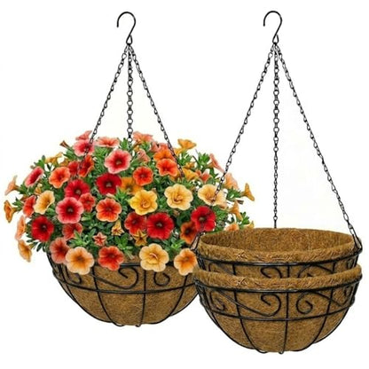12 Inch Hanging Baskets for Plants Outdoor, 3 Pack Metal Wire Hanging Planters with Coco Coir Liners, Rust-Resistant Flower Basket with Chains & Hooks for Garden Patio Porch Deck Balcony - size: 12IN-3PCS