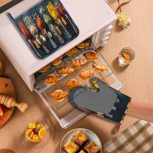Various Herbs and Spices Oven Mitts and Pot Holders Sets Non-Slip Silicone Surface for BBQ Gloves,Kitchen,Cooking,Baking,Grilling - color: Various Herbs and Spices
