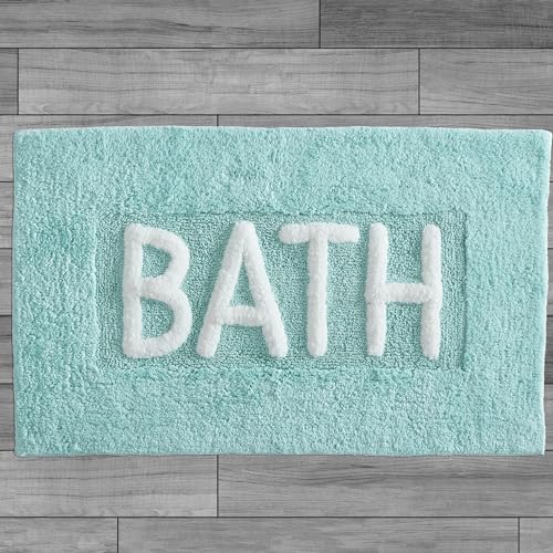 Creative Home Ideas Cotton Bath Rug - Soft Cotton Bath Mat - Bathroom Decor - Water Absorbent and Machine Washable - Measures 21"x34" - "Bath" - Aqua Blue - color: Aqua, size: 1'9" x 2'10" (Rectangular), style: Bath
