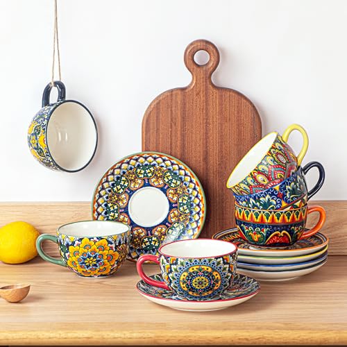 Henten Home Ceramic Tea Cup with Saucers, 8.5 oz Latte Cup Set of 6 | Boho Style Cup for Cappuccino, Coffee, Hot Cocoa, Espresso, Microwave & Dishwasher Safe, Non Toxic