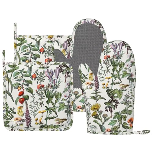 Vintage Botanical Oven Mitts and Pot Holders Set Silicone Heat Resistant Plants Herbs Mushroom Sage Green Leaf Ferns Kitchen Gloves Set Boho Retro Wildflower Kitchen Mittens Pot Holders - color: Beige Green