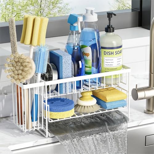 Cisily White 2-Tier Kitchen Sink Caddy Organzier Rack with Flexible Dish Brush Holder, Sponge Holder for Kitchen Sink Countertop Organization Storage,Home Decor Accessories - color: White