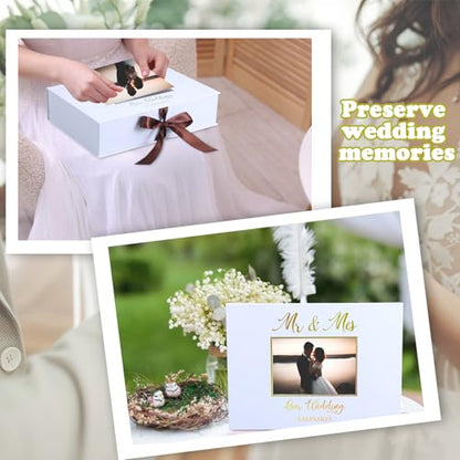 Weysat 12x9 Inches Gold Stamping Font Wedding Keepsake Box Cover with Photo Frame, White Wedding Memory Box with Ribbon for Couples Newlyweds Bridal Shower Gifts