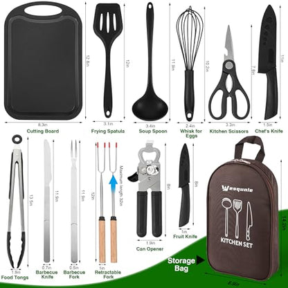 Camping Essentials Cookware Cooking Utensils Set - Portable Camp Kitchen Mess Kit Outdoor Accessories, Stainless Steel & Silicone, Camping Gear Equipment for RV Picnic Grill, Brown | Stainless Steel & Silicone Mess Kit, Durable Outdoor Kitchen Gear for Hi