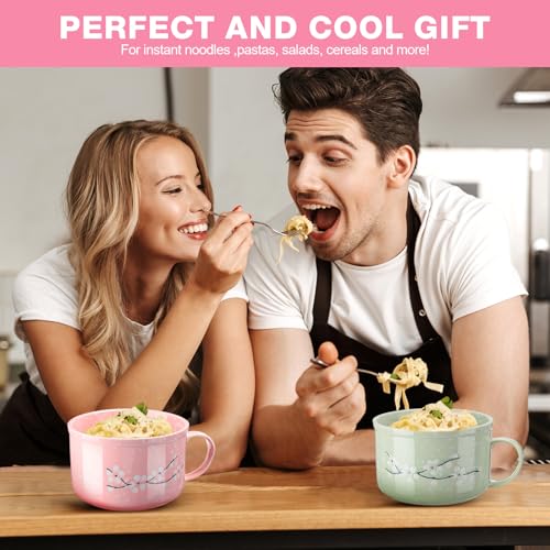 2 Pcs 30 Oz Ceramic Bowl with Lid Handle Noodle Cup,Pink, Green | Microwave Soup Bowls for Instant Meals, Cherry Blossom Design, 2 Stainless Utensils Sets with Case for Office Dorm Lunch - color: Pink, Green