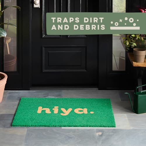 TOWN & COUNTRY TERRA Hiya Painted Welcome Door Mat, Natural Coir, Heavyweight, Non-Slip Entryway Mat, Green, 24"x36" - color: Green, size: 2' x 3' (Rectangular)