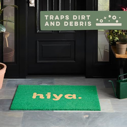 TOWN & COUNTRY TERRA Hiya Painted Welcome Door Mat, Natural Coir, Heavyweight, Non-Slip Entryway Mat, Green, 24"x36" - color: Green, size: 2' x 3' (Rectangular)