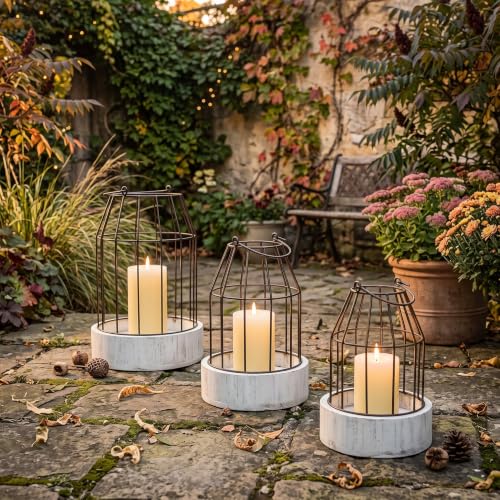 Rustic Farmhouse Lantern Decoration Set of 3, Modern Decorative Lanterns Indoor Outdoor, Metal Candle Holders for Porch Patio Fireplace Mantle Dining Room Table(Grayish White, Black) - color: Grayish White, Black