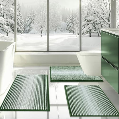 Bathroom Rugs Sets 3 Piece, Toilet Rugs U-Shaped Contour Bath Mat Set, Striped Absorbent Non Slip Chenille Shower Mat, Hunter Green - color: Hunter Green, size: 20"x32"+16"x24"+U Shape 20"x24"