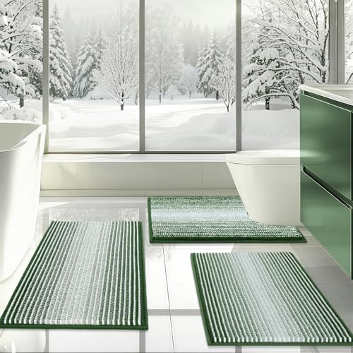 Bathroom Rugs Sets 3 Piece, Toilet Rugs U-Shaped Contour Bath Mat Set, Striped Absorbent Non Slip Chenille Shower Mat, Hunter Green - color: Hunter Green, size: 20"x32"+16"x24"+U Shape 20"x24"