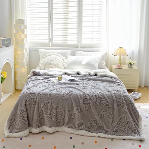 Sherpa Bed Blanket 80 × 90 inch, Ultra Soft Queen Size Throw Blanket for All Season, Cozy Plush Butterfly Fleece Blankets for Bedroom Living Room Dorm Hostel Sofa Camping, Light Grey - color: D-light Grey, size: 80x90 inch