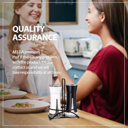 Aelga Farmhouse Salt and Pepper Shakers with Holder, Salt Shaker for the Kitchen with Adjustable Pour Holes for Himalayan, Kosher, and Sea Salts - color: Black&White
