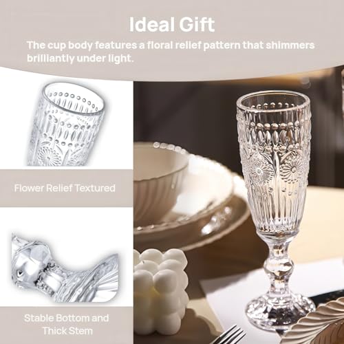 Kingrol 6 Pack 5 Ounces Glass Champagne Flutes, Vintage Sparkling Wine Glasses for Champagne, Cava, Prosecco