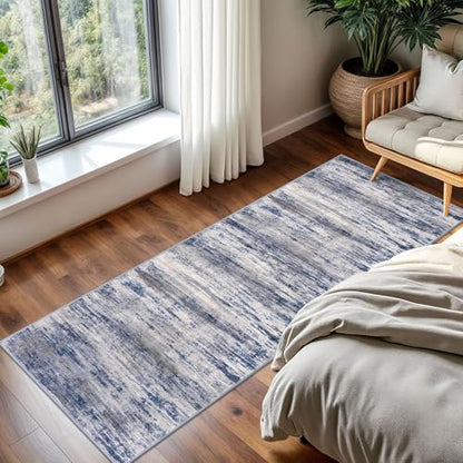 KOZYFLY Modern Washable Rug Runner 2x5 Hallway Rug Runner Grey-Blue | Non-Slip, Non-Shedding, Low Pile Soft, Abstract Striped, For Hall Kitchen Entryway Bathroom Laundry Bedroom Foyer - color: Blue-grey, size: 2' x 5' (Runner)