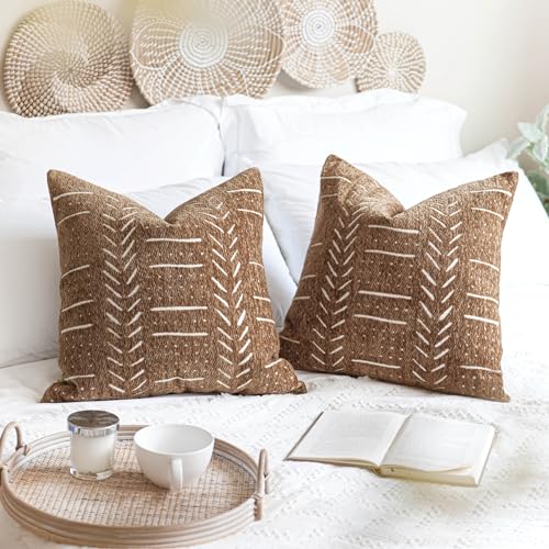 Decorative Throw Pillow Covers 20X20 Set of 2, Brown Boho Farmhouse Cushion Cover, Cozy Soft Accent Pillowcase for Couch Sofa Bed Living Room Home Décor - color: Brown, size: 20" x 20" (Pack of 2)