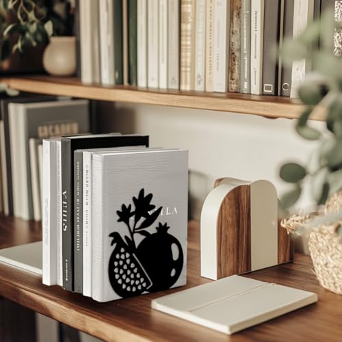 5.3"x4.3"x5.9" Metal Bookends, Heavy Duty Book Ends for Shelves | Pomegranate Theme Cast Iron Book Supports, 1 Pair Decor Stoppers for Desk, Library, Office & Home Shelves - style: Pomegranate