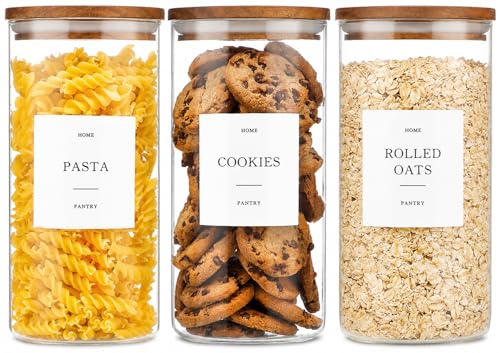 3 Pack Glass Containers with Acacia Lids, 45oz Pantry Airtight Storage Jars | Kitchen Canister Set with 105 Labels, Pantry Food Storage Containers with Wood Lids for Oats, Flour, Coffee, Sugar, Pasta - size: 45oz 3 Pack