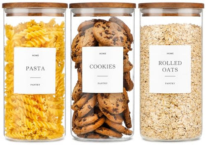 3 Pack Glass Containers with Acacia Lids, 45oz Pantry Airtight Storage Jars | Kitchen Canister Set with 105 Labels, Pantry Food Storage Containers with Wood Lids for Oats, Flour, Coffee, Sugar, Pasta - size: 45oz 3 Pack