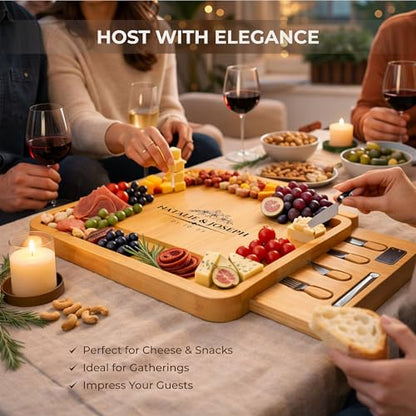Personalized Bamboo Charcuterie Board with Drawer & Utensils – Custom Cheese & Cutting Board Gift for Wedding, Housewarming, Anniversary, Couples and Personalized Mothers Day Gifts for Mom