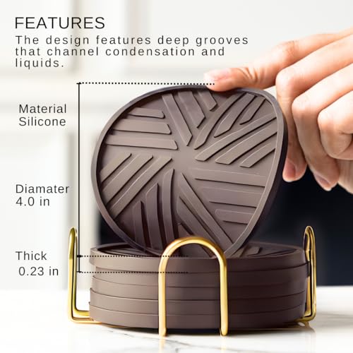Silicone Coasters Set of 6, Groove Patterns & Gold Holder - Coffee Table and Kitchen Decor (Dark Grey) - color: Dark Grey