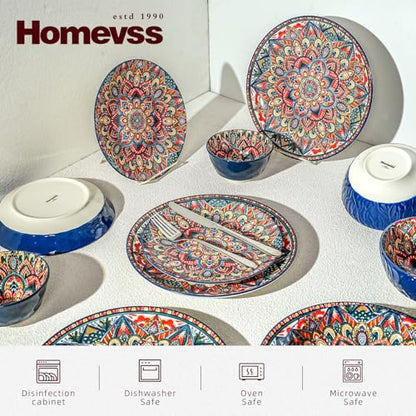 Boho 10 Pieces Dinnerware Sets, Plates and Bowls Set, Porcelain Dishes Set for 2, Microwave and Dishwasher Safe, Scratch Resistant, Bohemian Style Dining Ware, Blue - color: Blue
