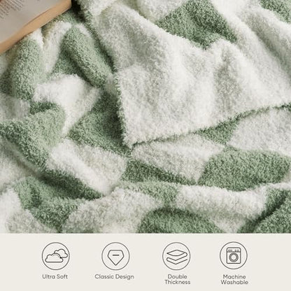 Snuggle Sac Checkered Bedding Blanket Twin Size 60x80, Super Soft Cozy Warm Knit Blankets, Reversible Breathable Lightweight Fluffy Throws for Sofa, Bed, Checkered Sage Green, 60x80 Inches - color: Checkered Sage Green, size: Twin(60"x 80")