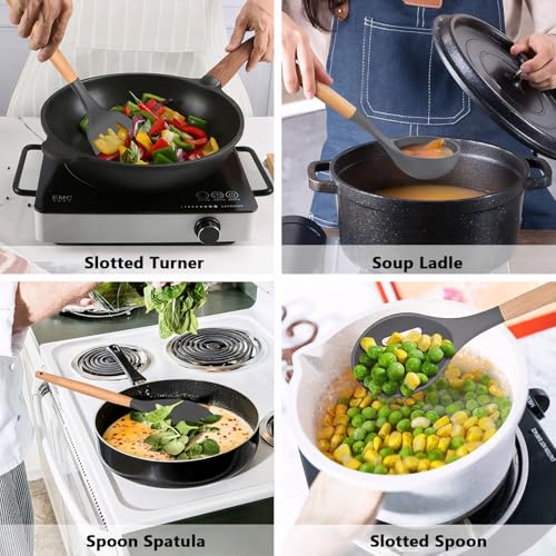 Silicone Cooking Utensils Set 5-Piece Non-Stick Kitchen Utensil Set, Wood Handle Heat Resistant Spatula Spoon Turner Soup Ladle Silicone Cooking Kitchen Gadgets BPA Free for Nonstick Cookware - color: Gray, size: Standard 5-Piece Set